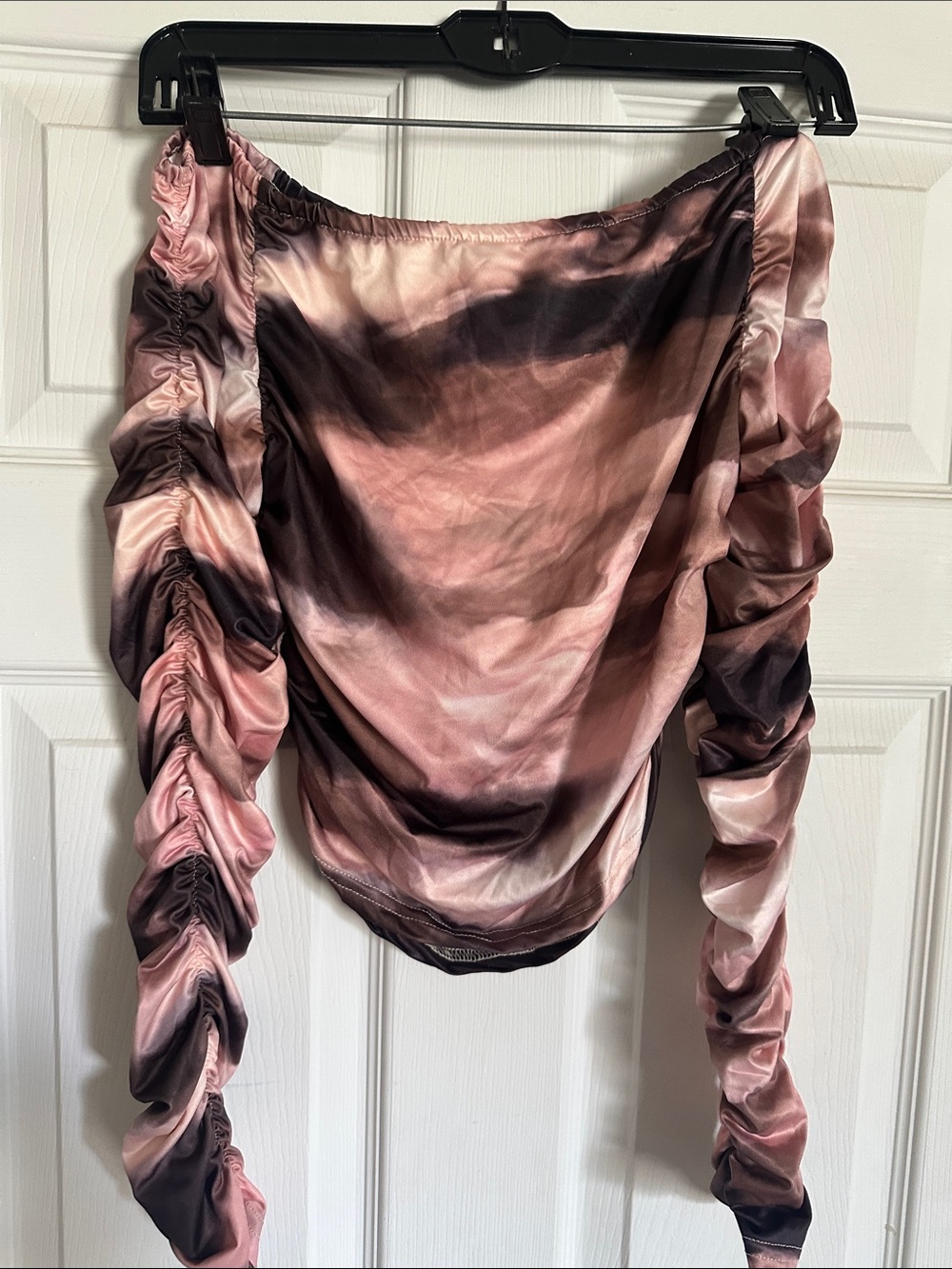 Ruched Off-Shoulder Top in Dusty Rose and Black Tie-Dye